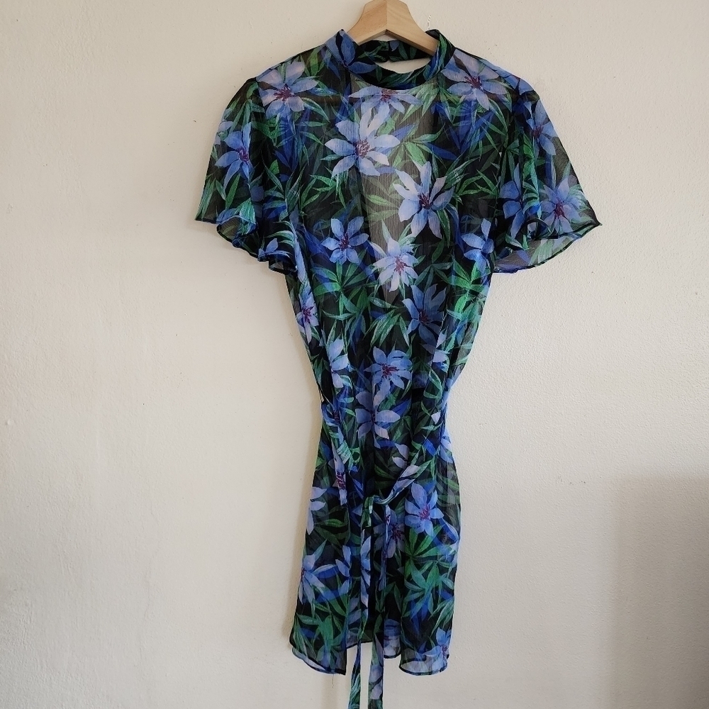 2/$20 Forever 21 Blue Green Floral Print Semi Sheer A Line Dress Size - Picture 7 of 16